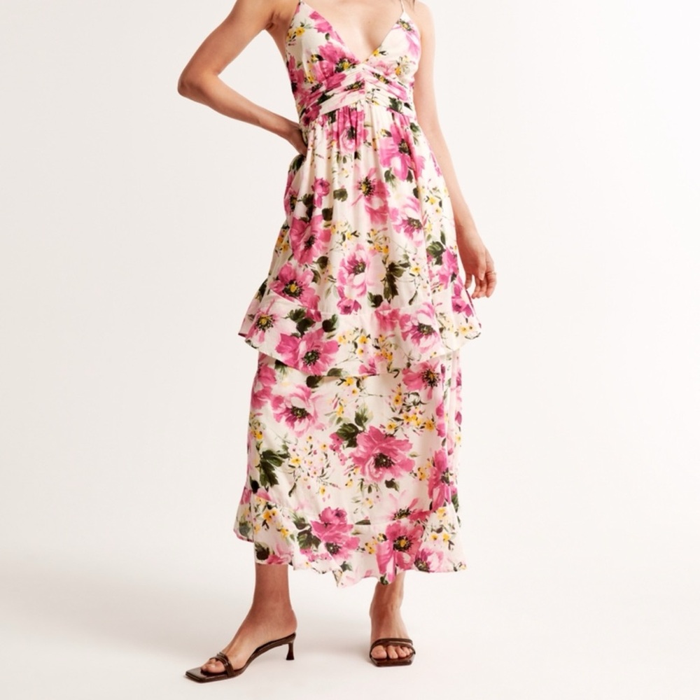 Abercrombie & Fitch Pink and Red Ruffled Maxi Dress